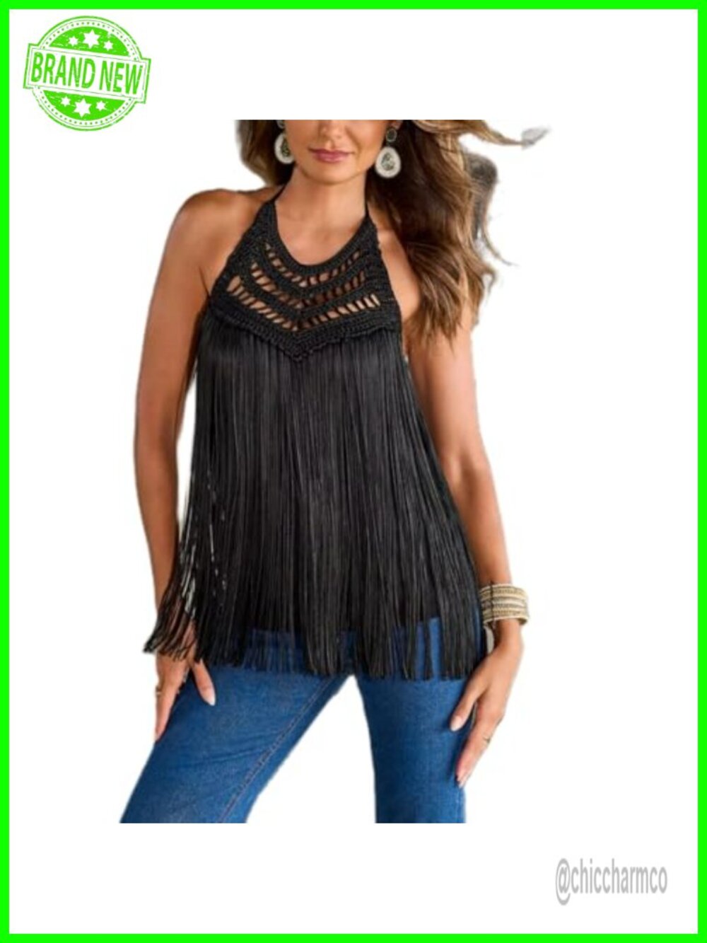 Women Fringe Tassel Halter Cami Tank Top Western Cowgirl Concert Crop Top